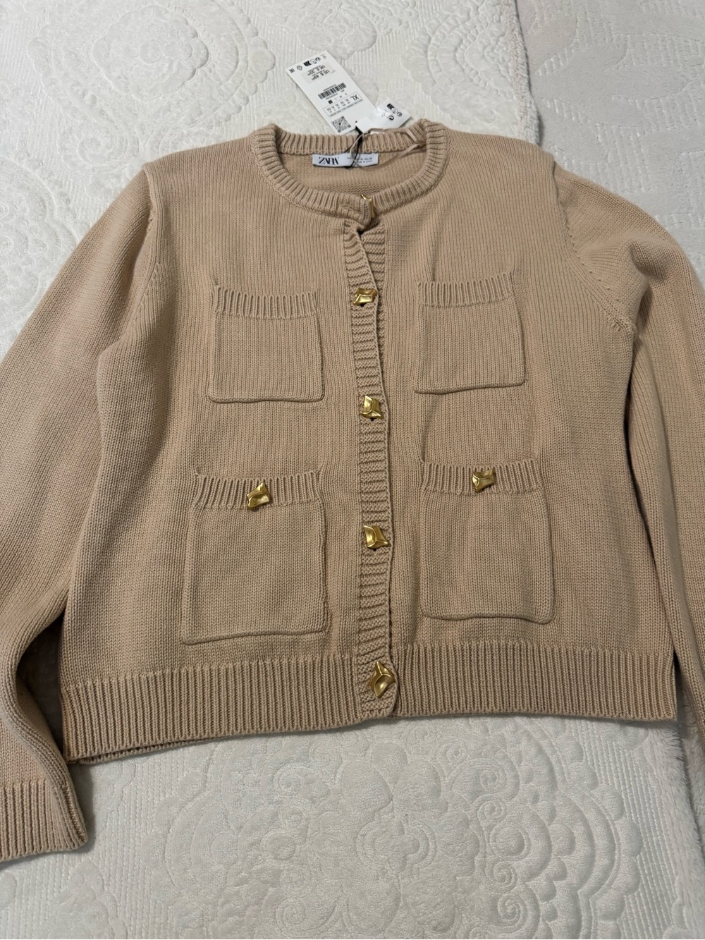 Zara Taupe Knit Cardigan with Gold-Tone Buttons
